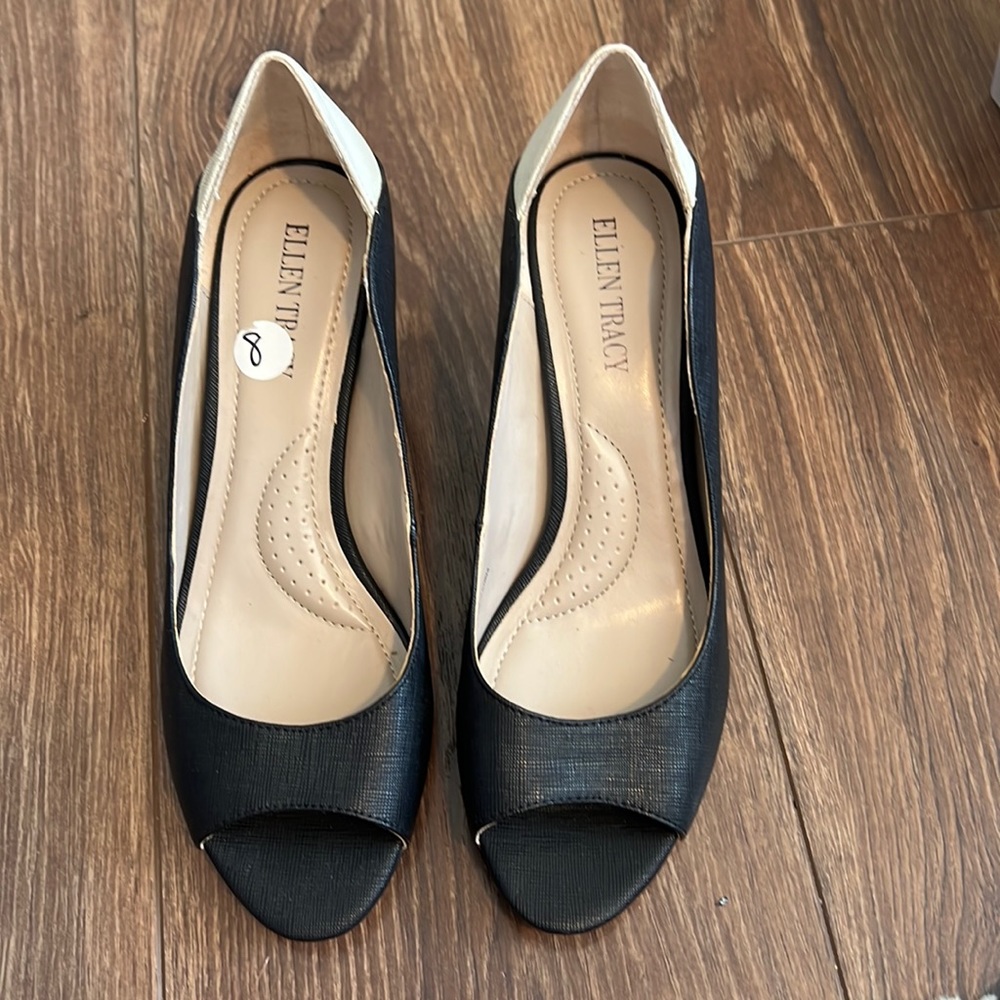 Black and white peep toe kitten heels